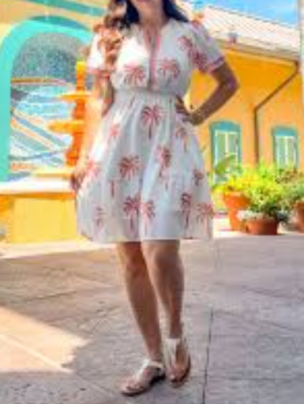 Popvil White Palm-Print Short Sleeve Summer Dress With Elastic Waist And Pockets